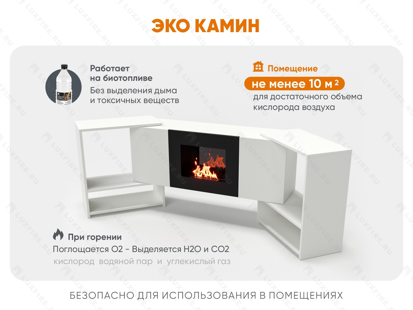 Тумба ТВ Lux Fire "Онега" угловая напольная, белая, с биокамином 500 (стемалит)