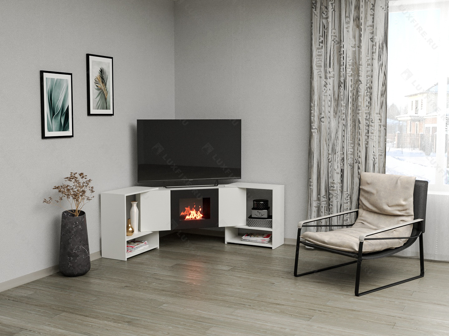 Тумба ТВ Lux Fire "Онега" угловая напольная, белая, с биокамином 500 (стемалит)