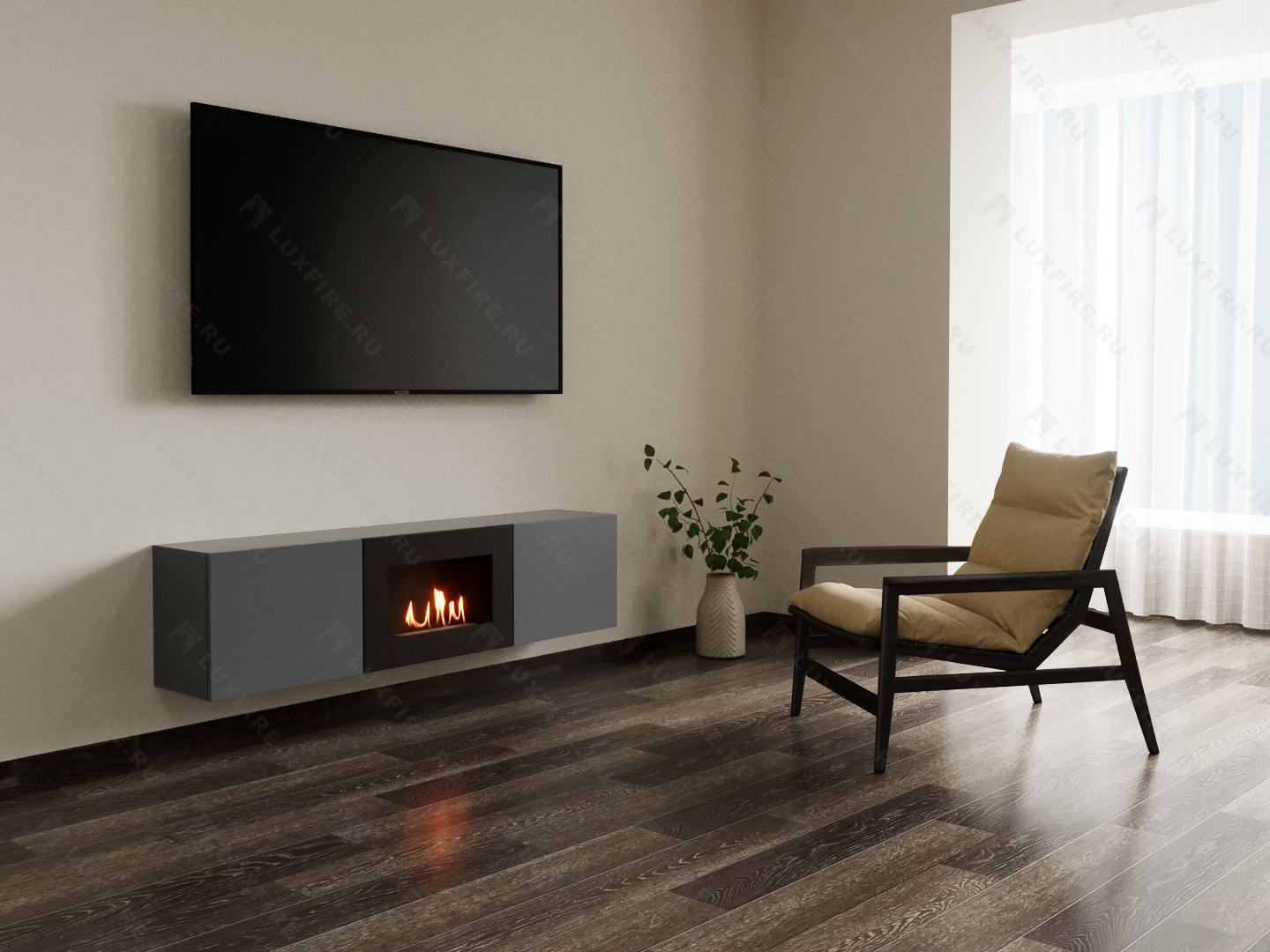 Тумба ТВ Lux Fire "Каспий" настенная 1600 матовая, графит с биокамином 600
