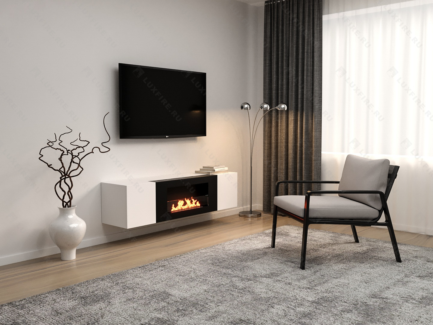 Тумба настенная Lux Fire "Нарва" 1600, белая, с биокамином Сатурн 900