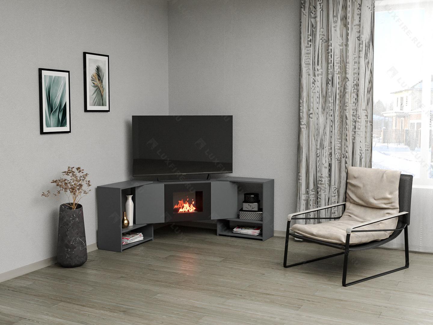 Тумба ТВ Lux Fire "Онега" угловая напольная, графит, с биокамином 500 (стемалит)