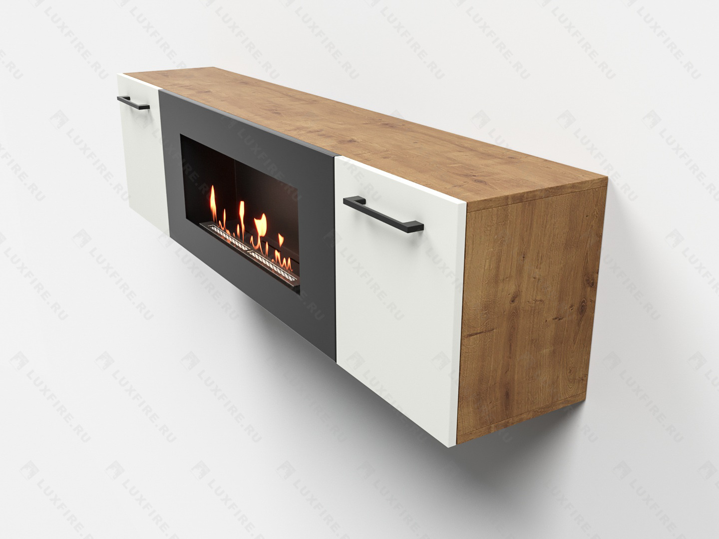 Тумба универсальная Lux Fire "Байкал Р" с ножками 1600, дуб вотан/белый матовый с биокамином 900
