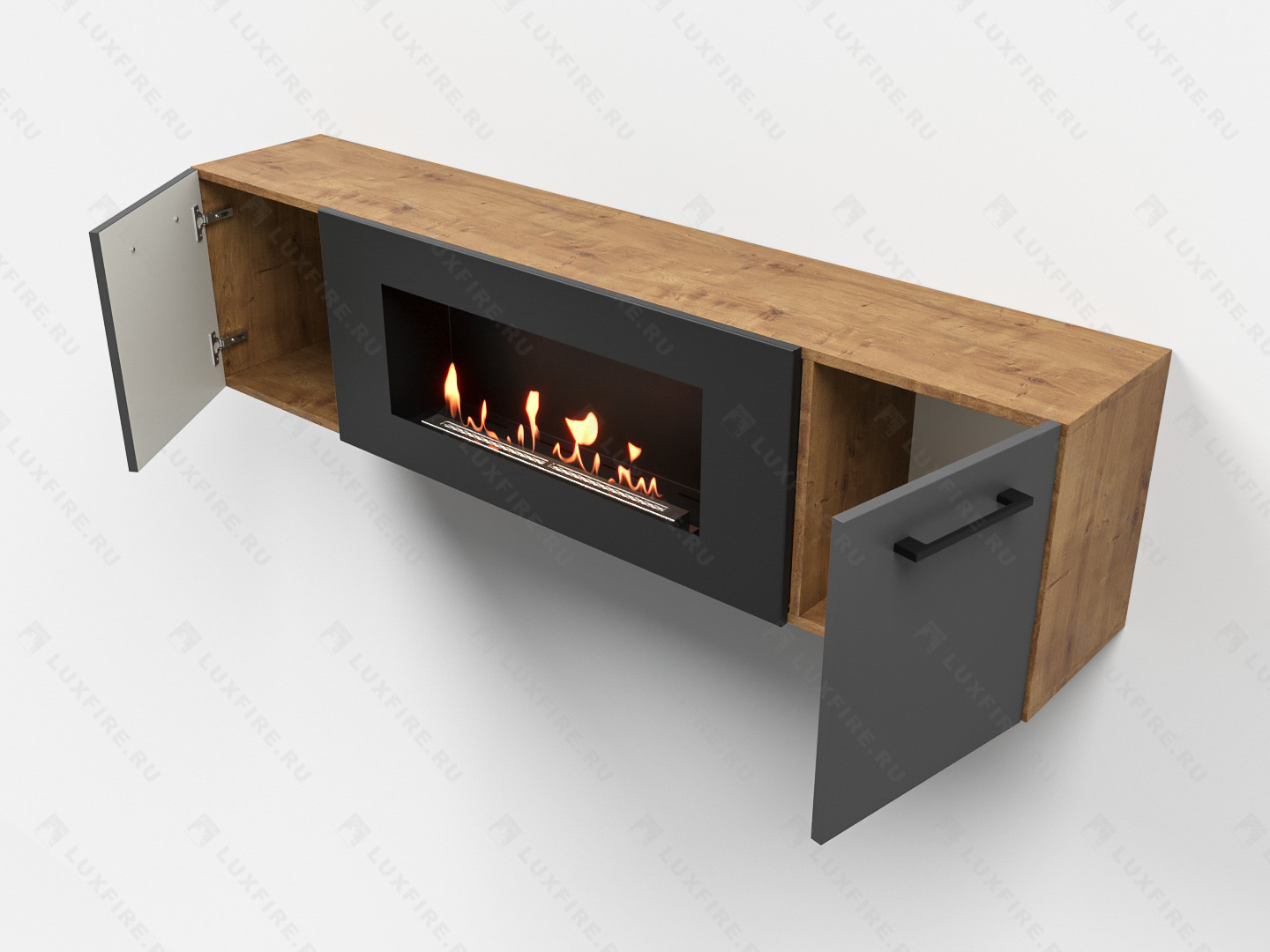 Тумба универсальная Lux Fire "Байкал Р" с ножками 1600, дуб вотан/графит матовый с биокамином 900