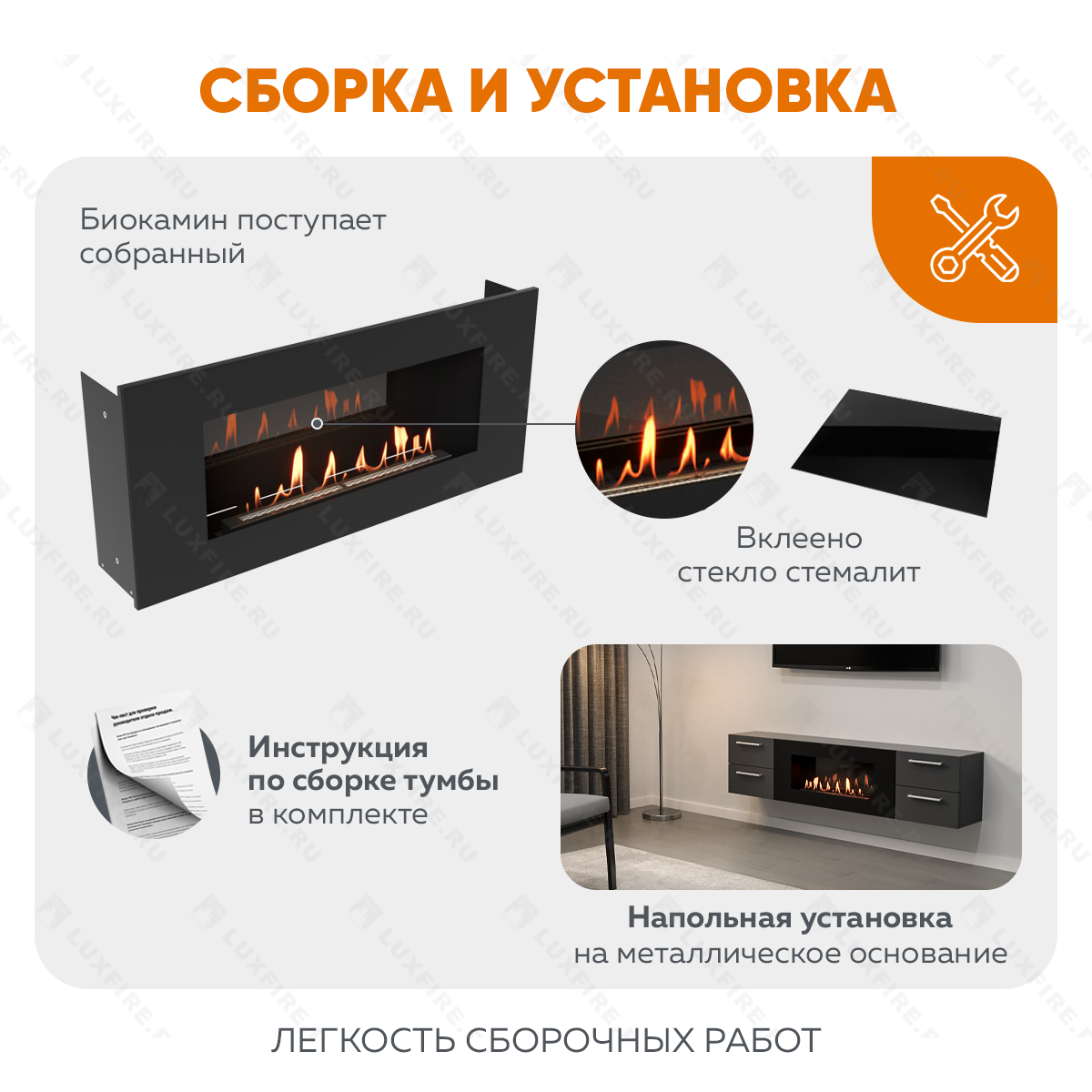 Тумба ТВ Lux Fire "Нева" настенная 1700 матовая, графит с биокамином 900