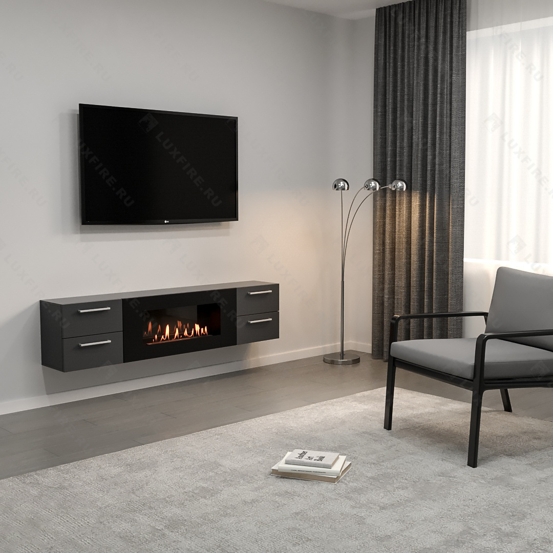 Тумба ТВ Lux Fire "Нева" настенная 1700 матовая, графит с биокамином 900