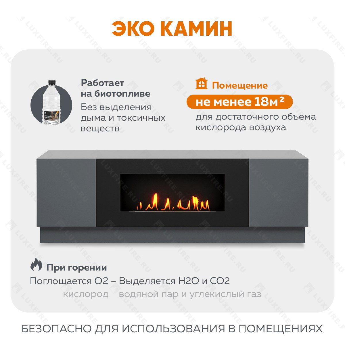 Тумба универсальная Lux Fire "Байкал" 1600, графит, с биокамином 900