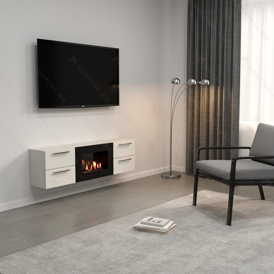 Тумба ТВ Lux Fire "Нева" настенная 1400 матовая, белая, с биокамином 600