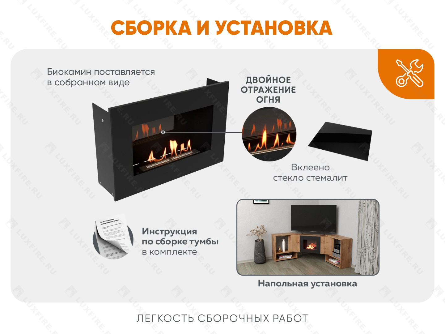 Тумба ТВ Lux Fire "Онега" угловая напольная, дуб вотан, с биокамином 500 (стемалит)