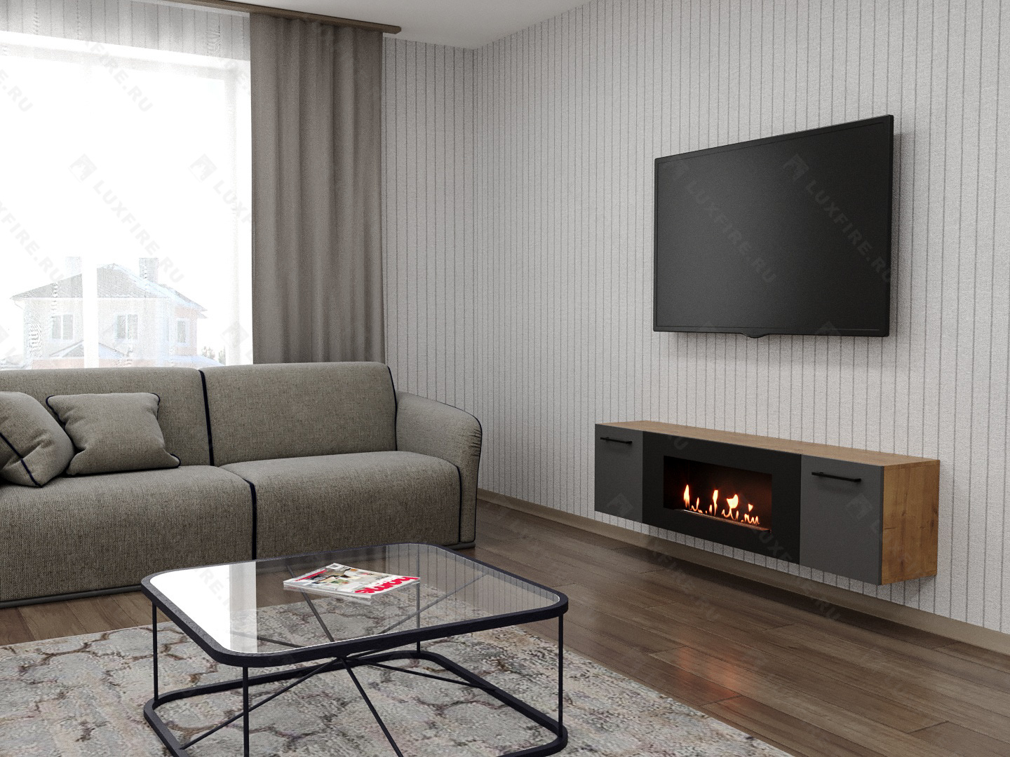 Тумба универсальная Lux Fire "Байкал Р" с ножками 1600, дуб вотан/графит матовый с биокамином 900