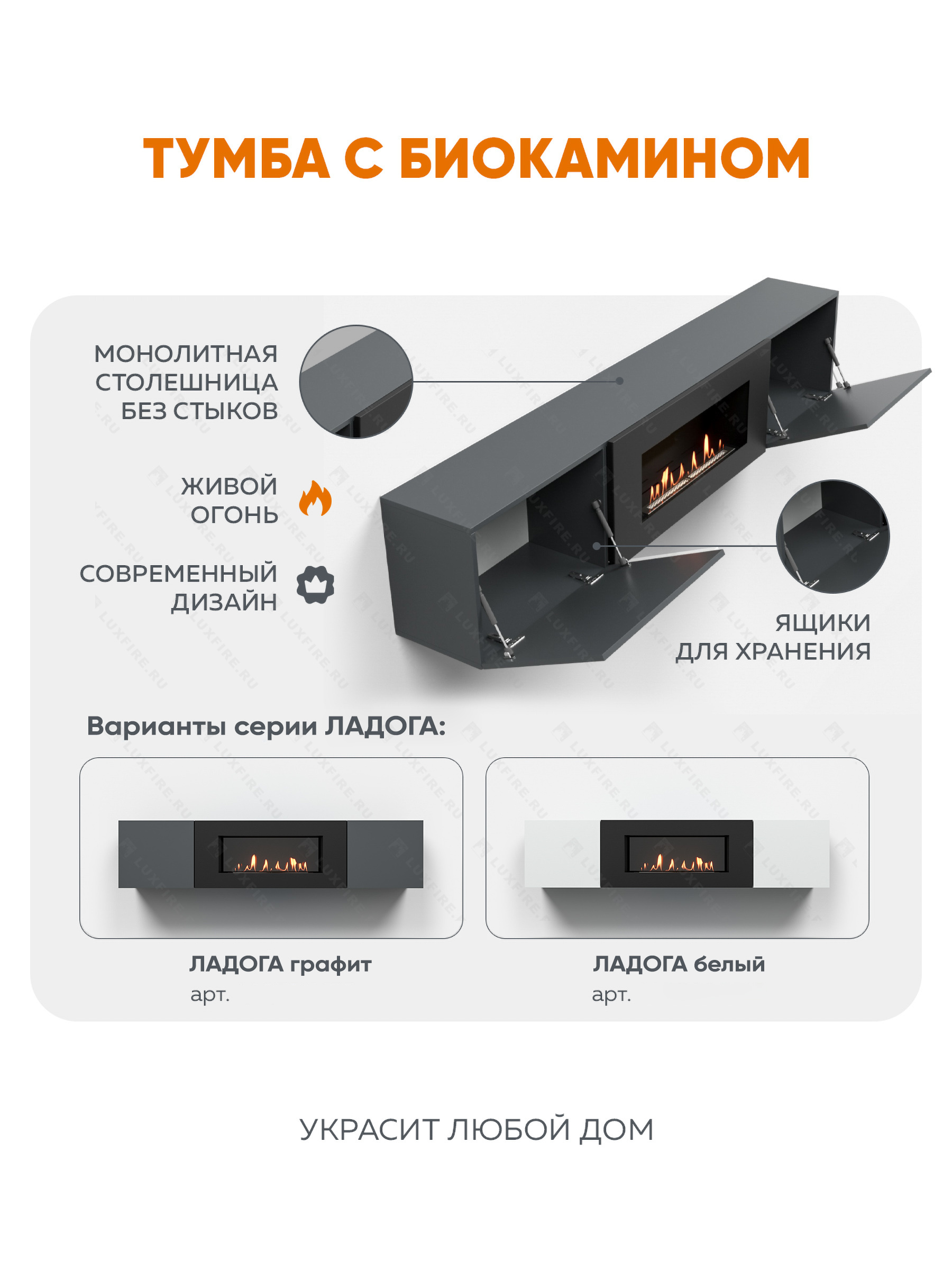 Тумба ТВ Lux Fire "Ладога" настенная 1800 матовая, графит с биокамином 900