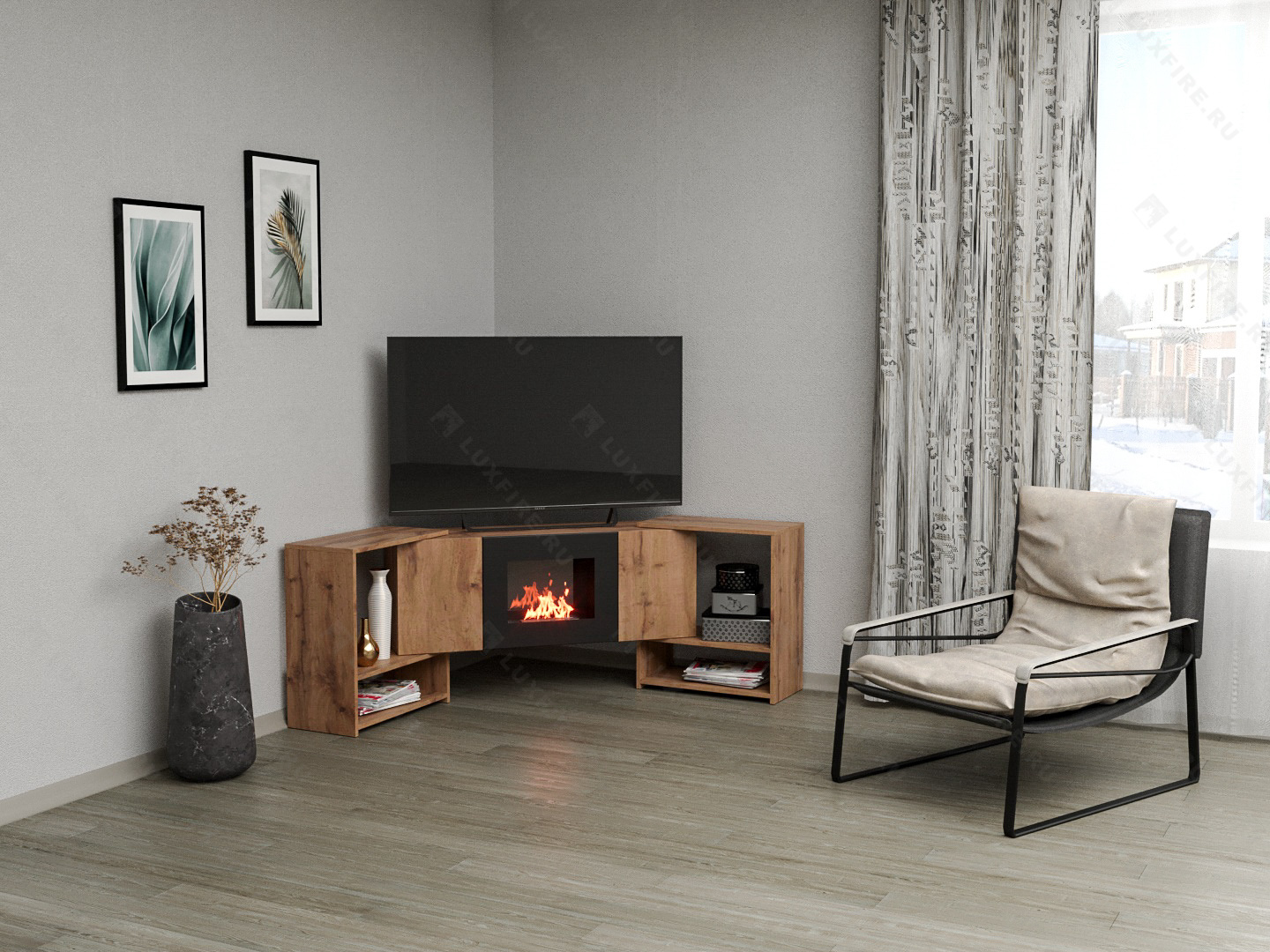 Тумба ТВ Lux Fire "Онега" угловая напольная, дуб вотан, с биокамином 500 (стемалит)