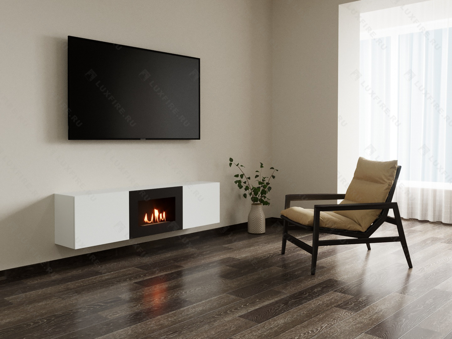 Тумба ТВ Lux Fire "Каспий" настенная 1600 матовая, белая с биокамином 600