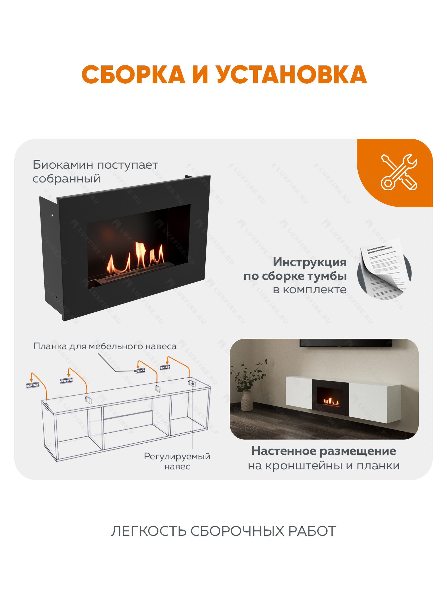 Тумба ТВ Lux Fire "Каспий" настенная 1600 матовая, белая с биокамином 600