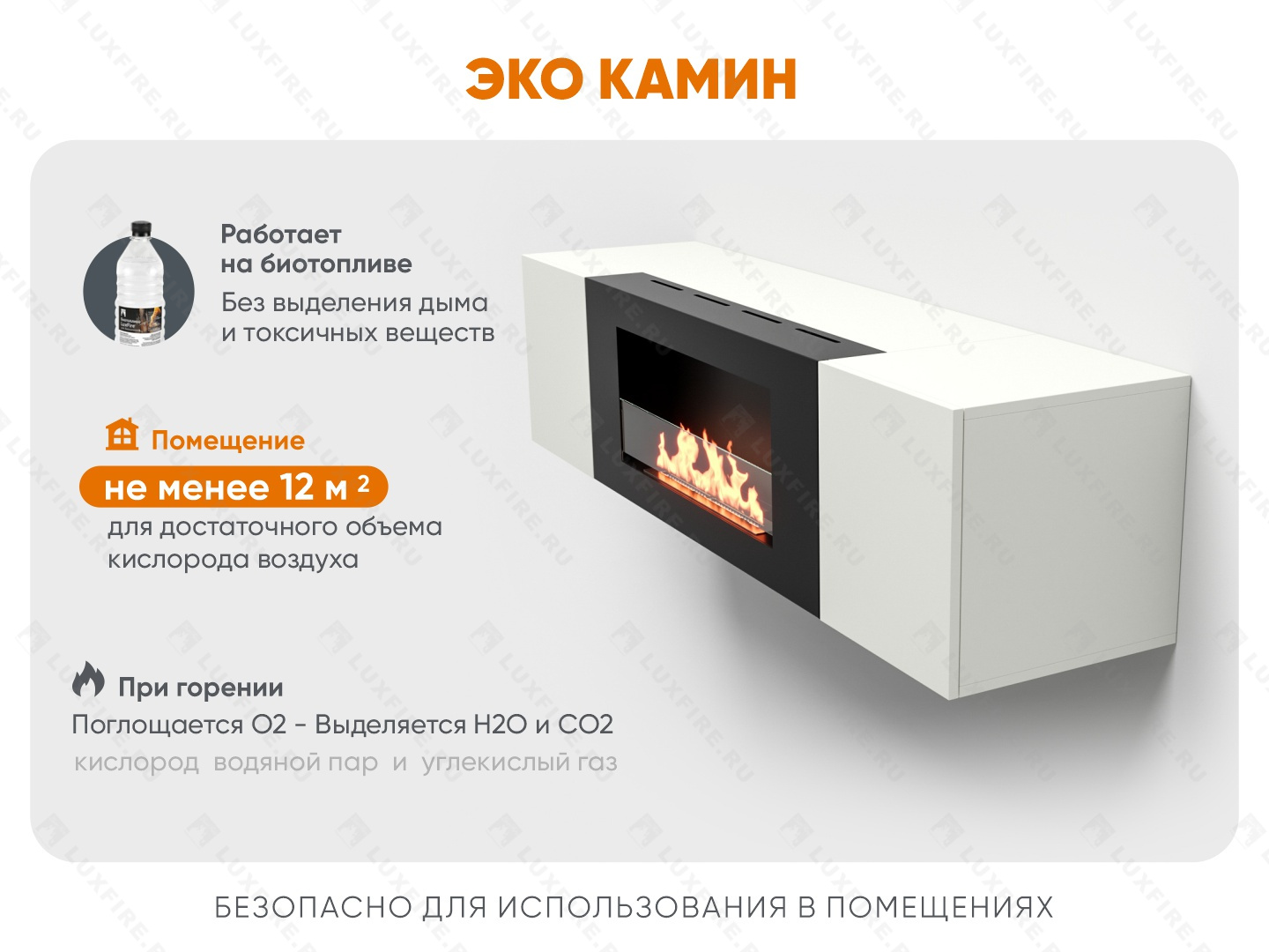 Тумба настенная Lux Fire "Нарва" 1600, белая, с биокамином Сатурн 900