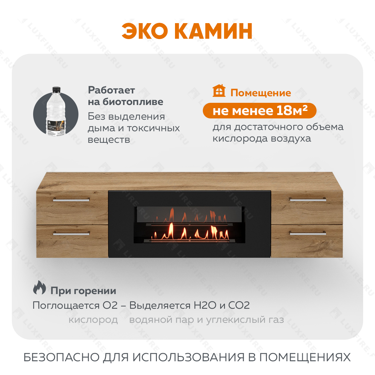 Тумба ТВ Lux Fire "Нева" настенная 1700 матовая, дуб вотан с биокамином 900