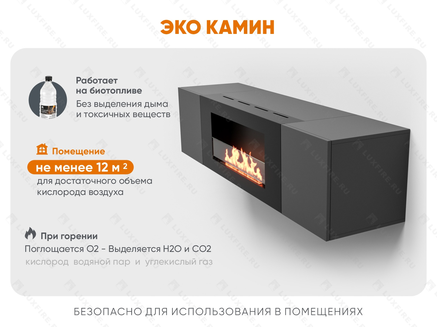 Тумба настенная Lux Fire "Нарва" 1600, графит, с биокамином Сатурн 900
