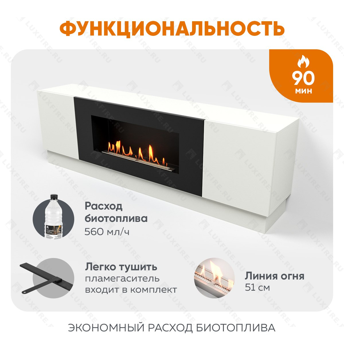 Тумба универсальная Lux Fire "Байкал" 1600, белая, с биокамином 900