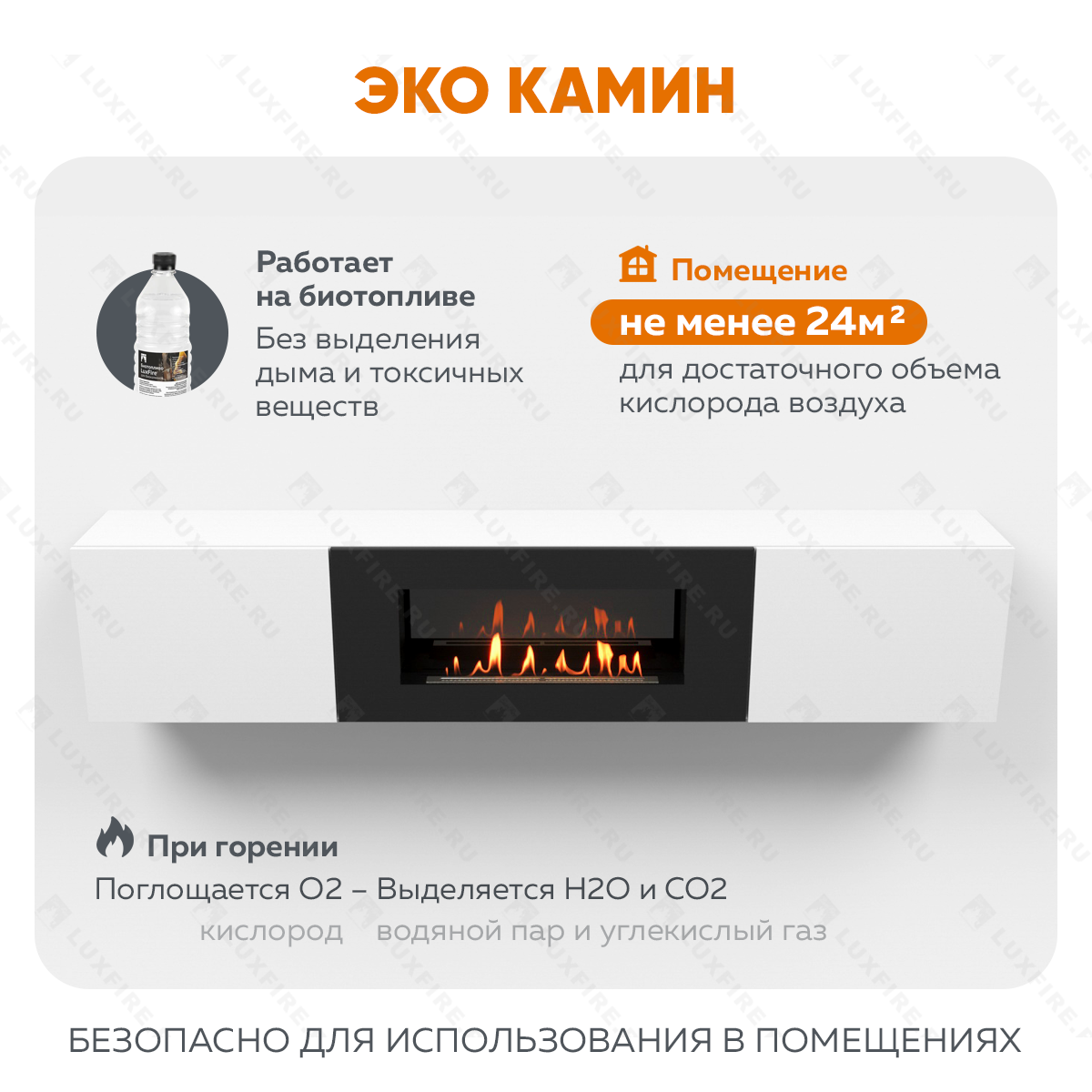 Тумба ТВ Lux Fire "Енисей" настенная 2000 матовая, белая с биокамином 900