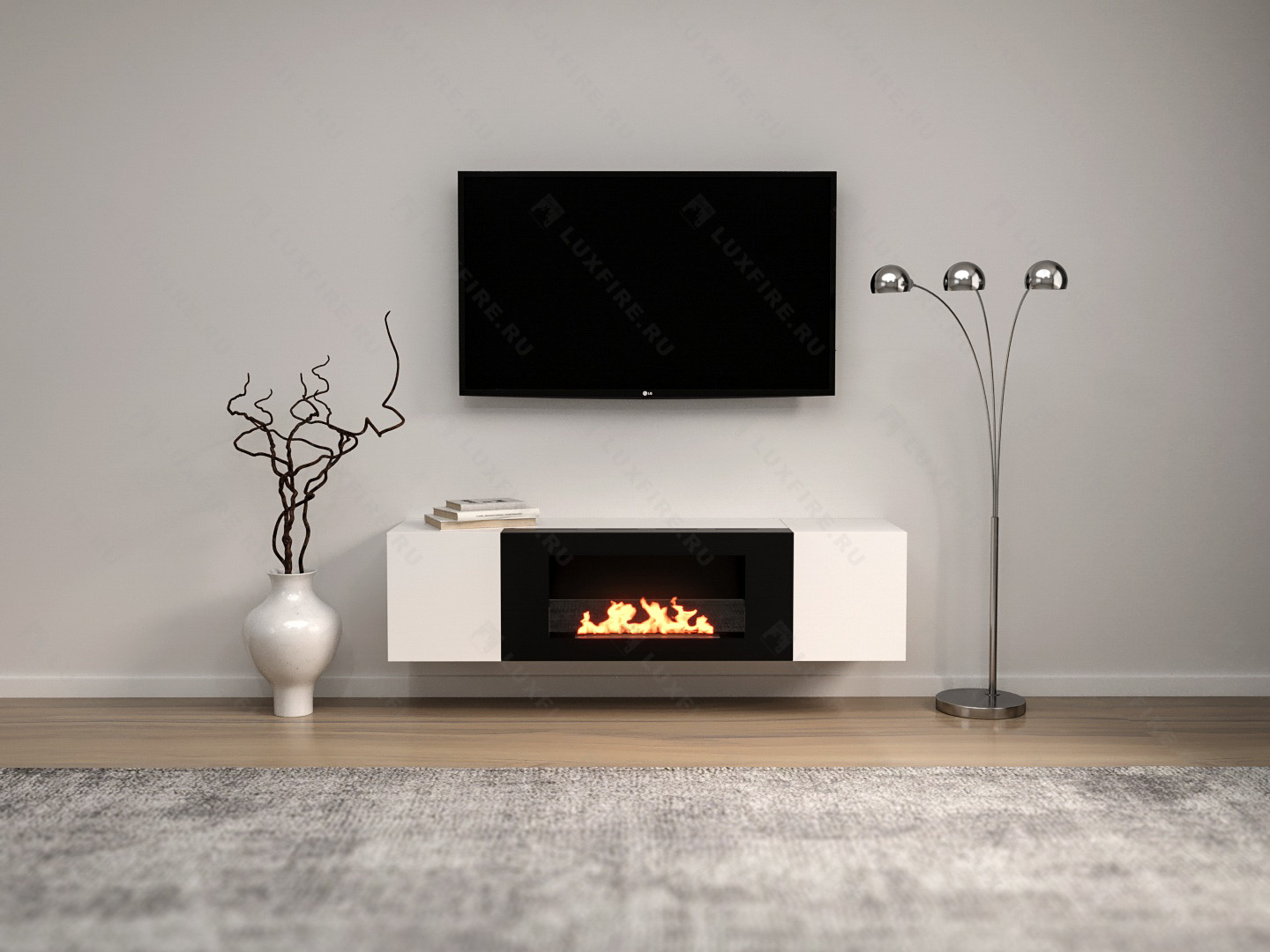 Тумба настенная Lux Fire "Нарва" 1600, белая, с биокамином Сатурн 900