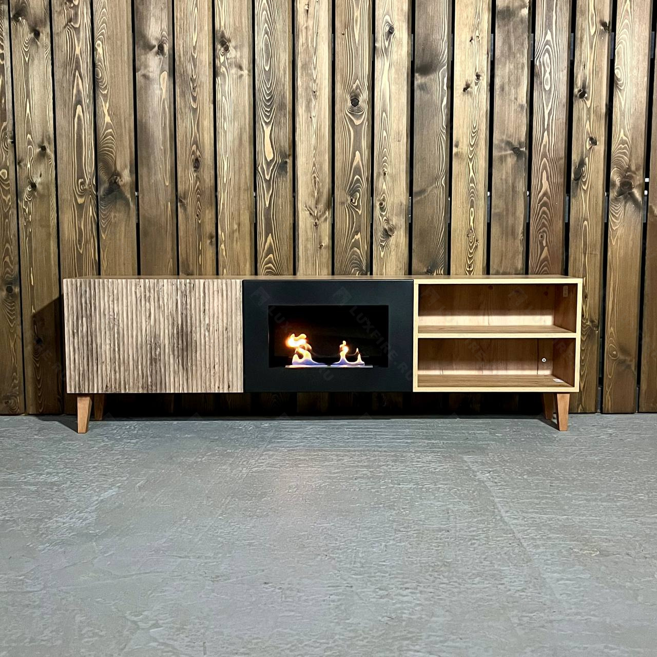 Тумба ТВ Lux Fire "Волга" напольная 1800, дуб вотан, с биокамином 600