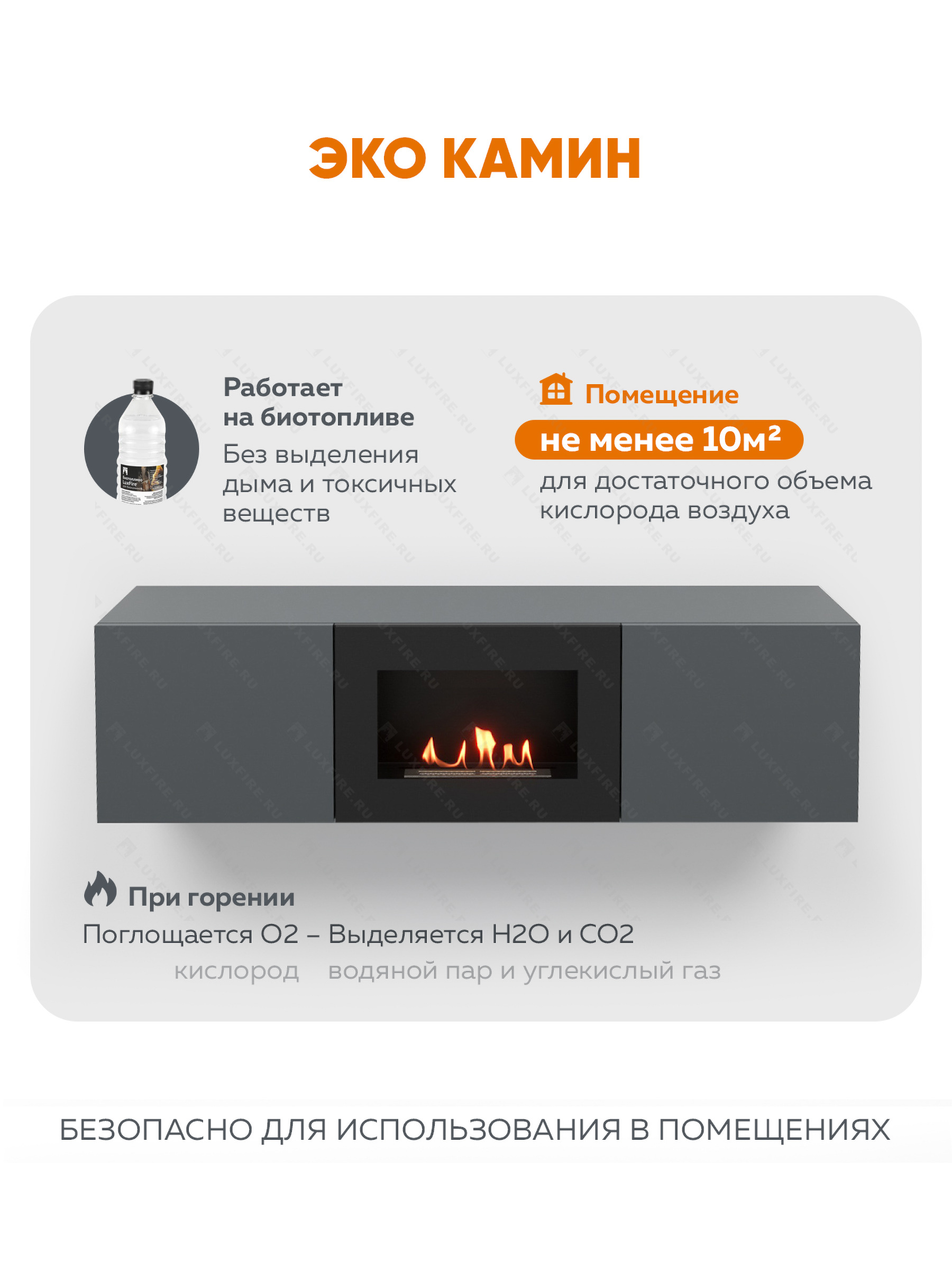 Тумба ТВ Lux Fire "Каспий" настенная 1600 матовая, графит с биокамином 600