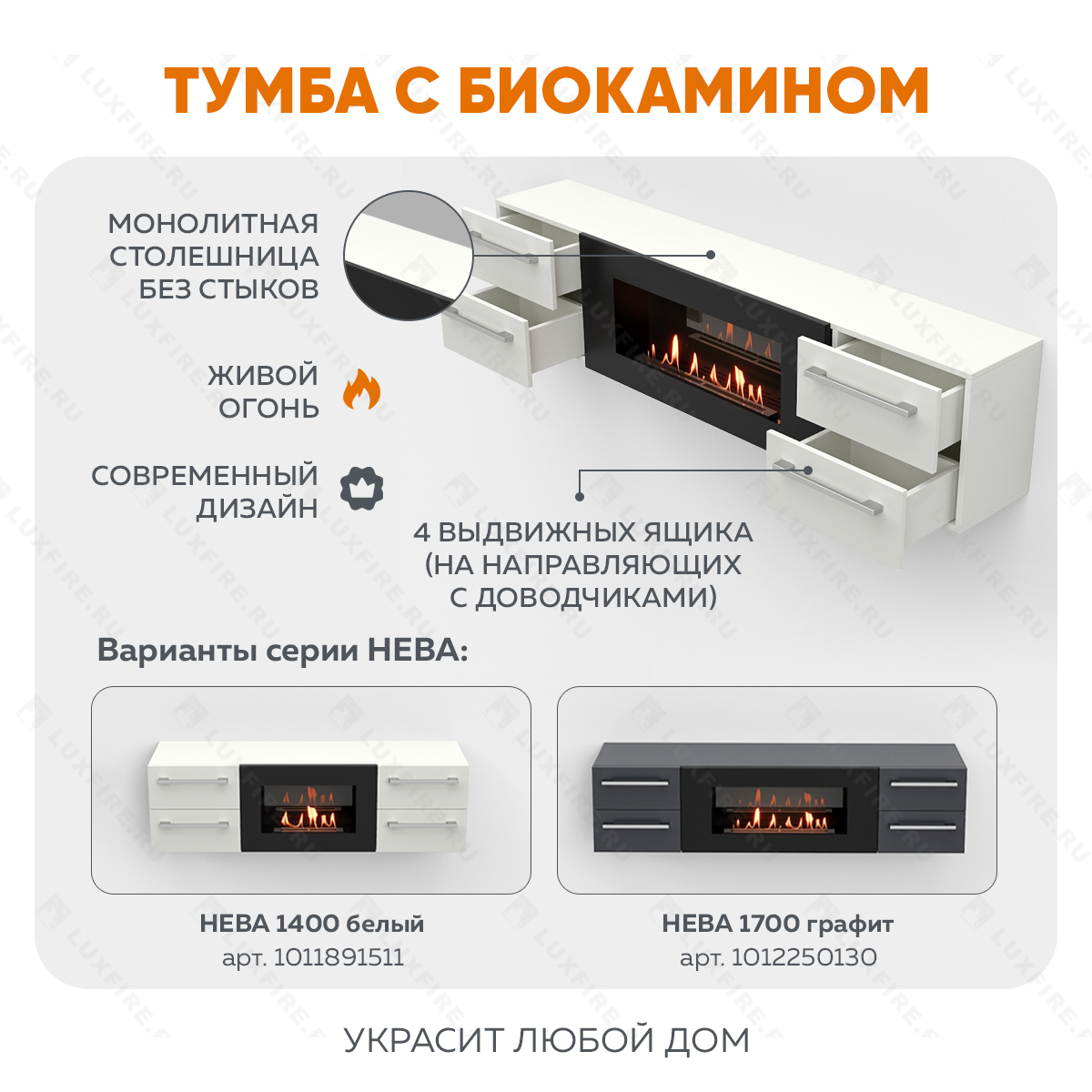 Тумба ТВ Lux Fire "Нева" настенная 1700 матовая, белая с биокамином 900