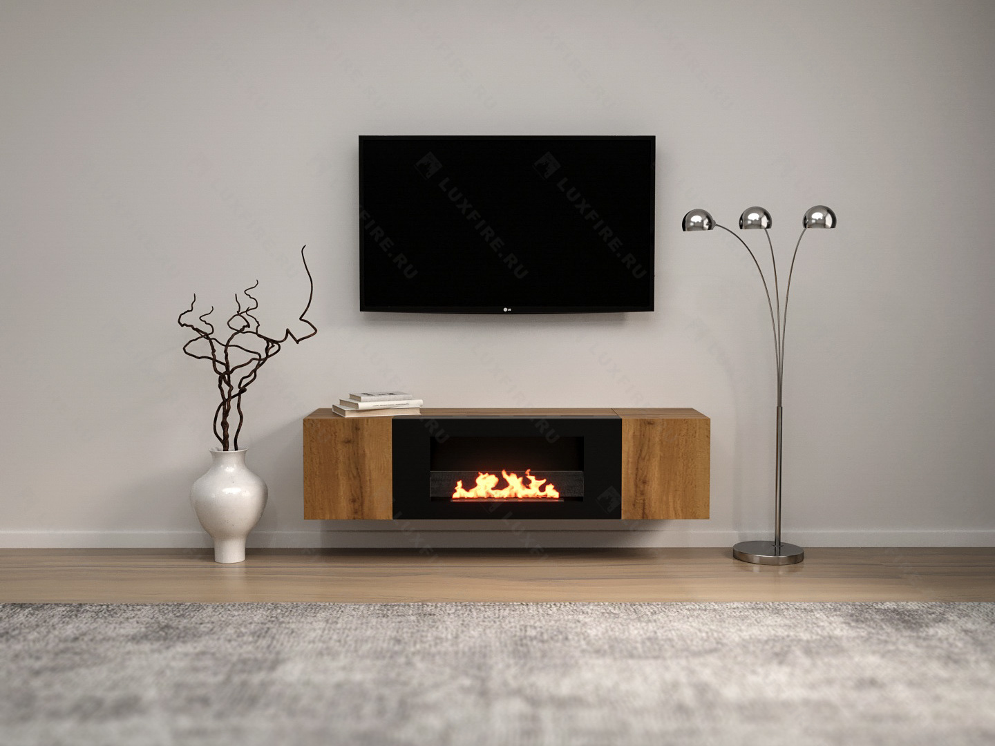 Тумба настенная Lux Fire "Нарва" 1600, дуб вотан, с биокамином Сатурн 900