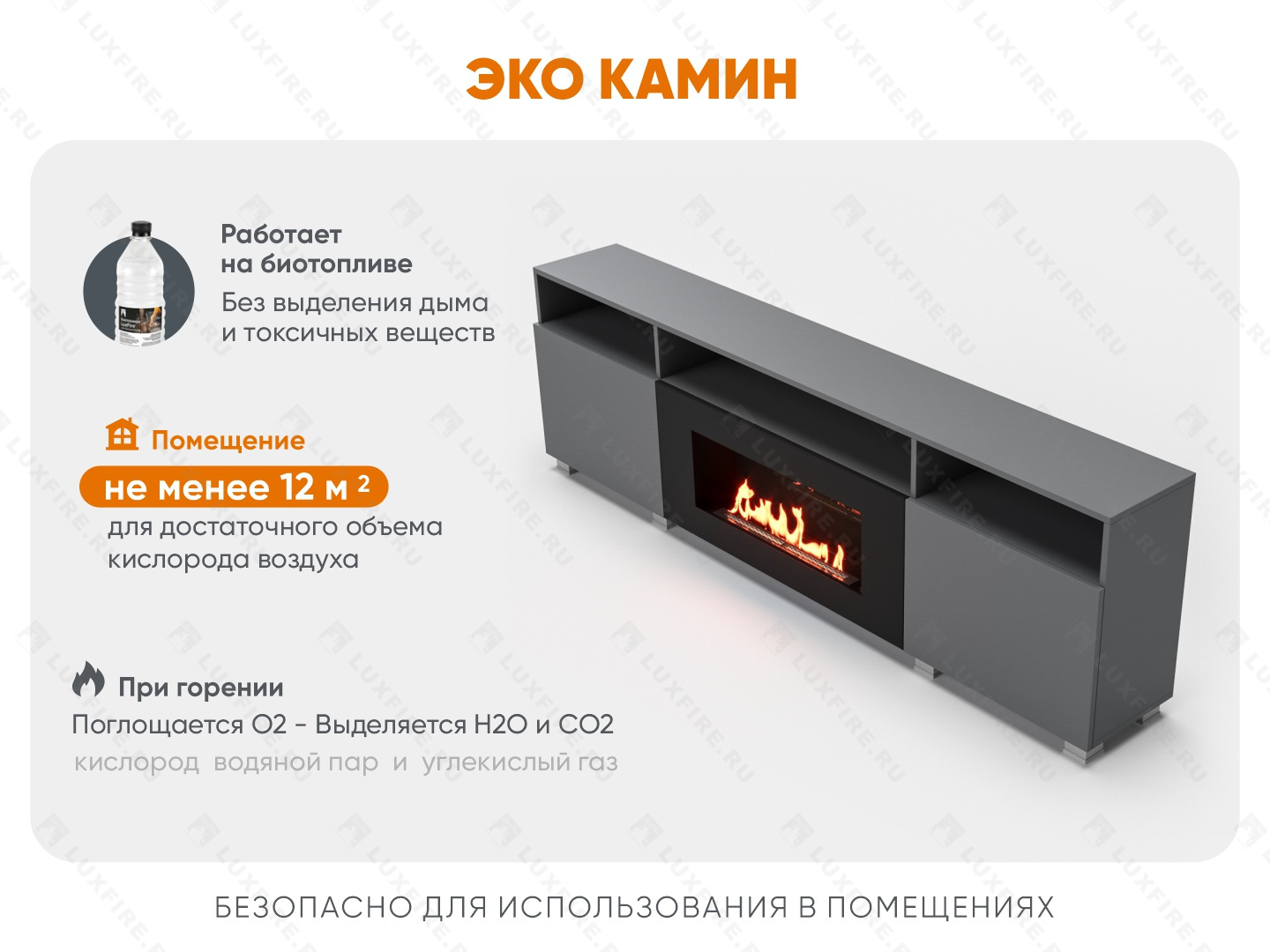 Тумба ТВ Lux Fire "Двина" напольная 2000 матовая, графит с биокамином 900