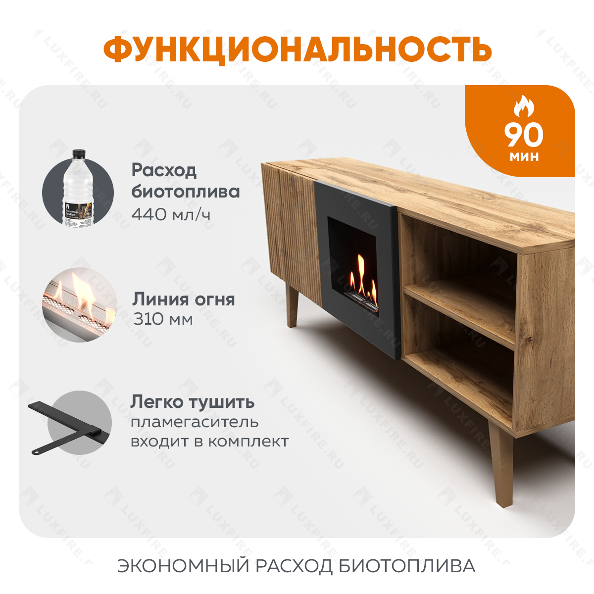 Тумба ТВ Lux Fire "Волга" напольная 1500, дуб вотан, с биокамином 500