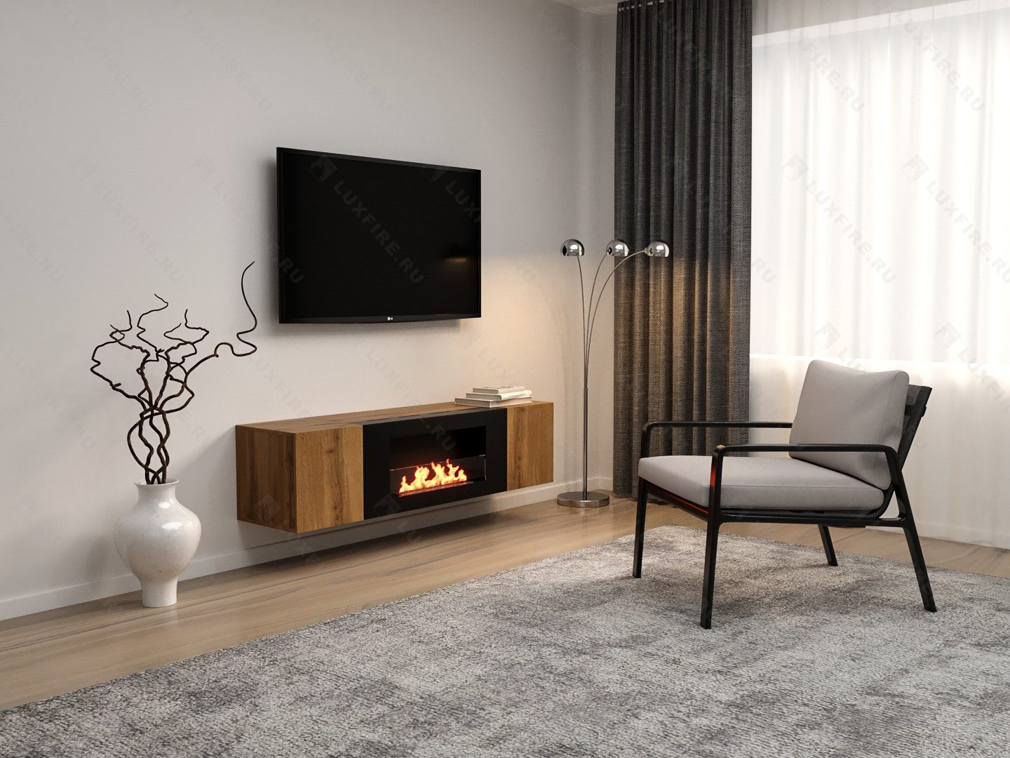 Тумба настенная Lux Fire "Нарва" 1600, дуб вотан, с биокамином Сатурн 900