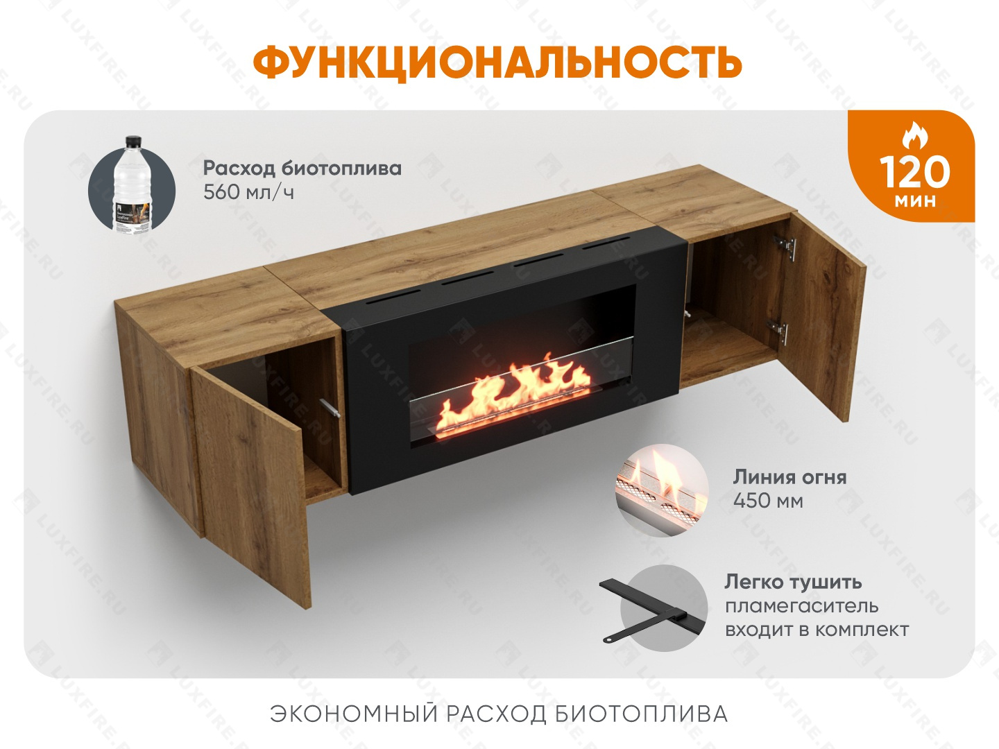 Тумба настенная Lux Fire "Нарва" 1600, дуб вотан, с биокамином Сатурн 900