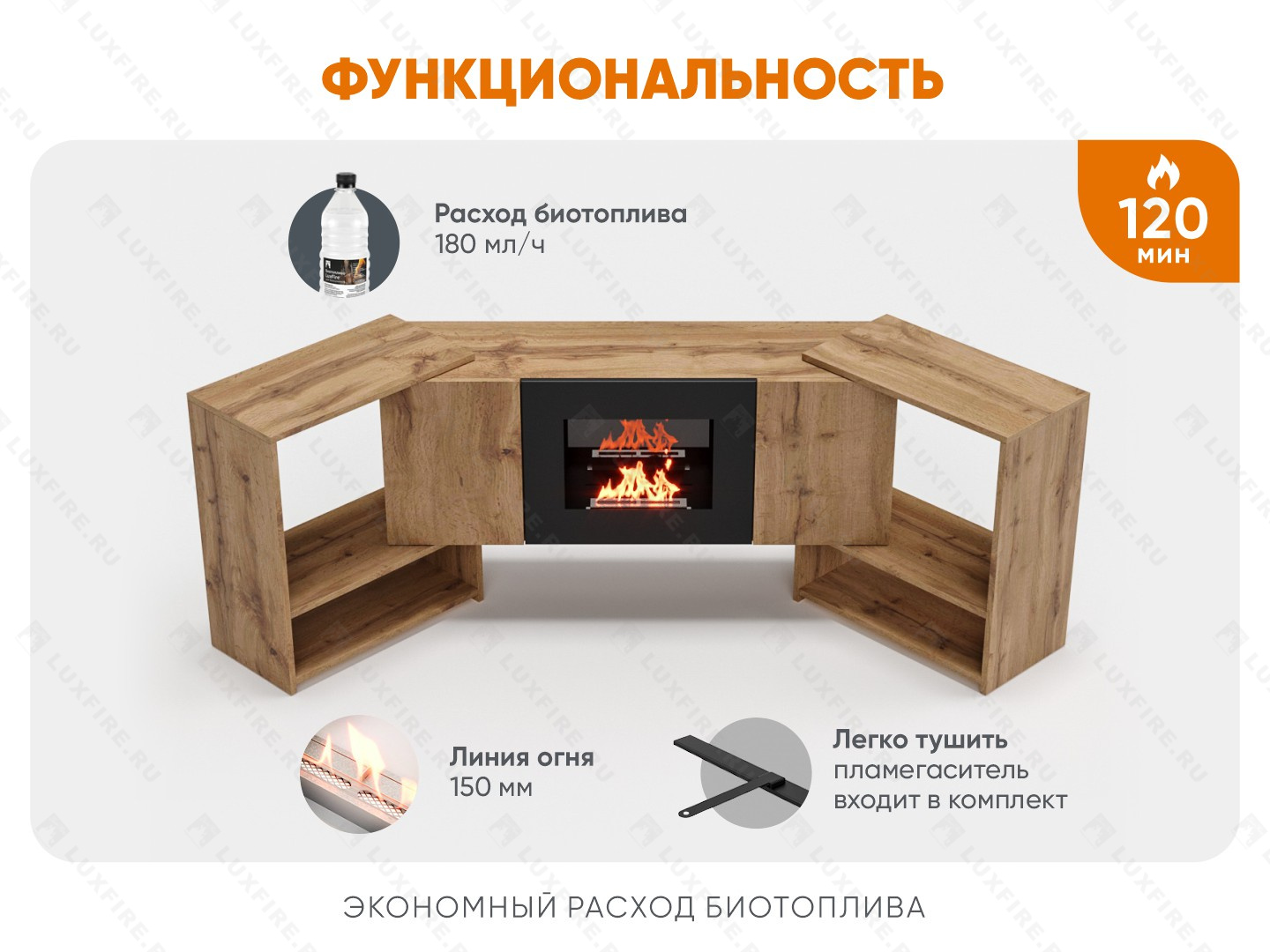 Тумба ТВ Lux Fire "Онега" угловая напольная, дуб вотан, с биокамином 500 (стемалит)