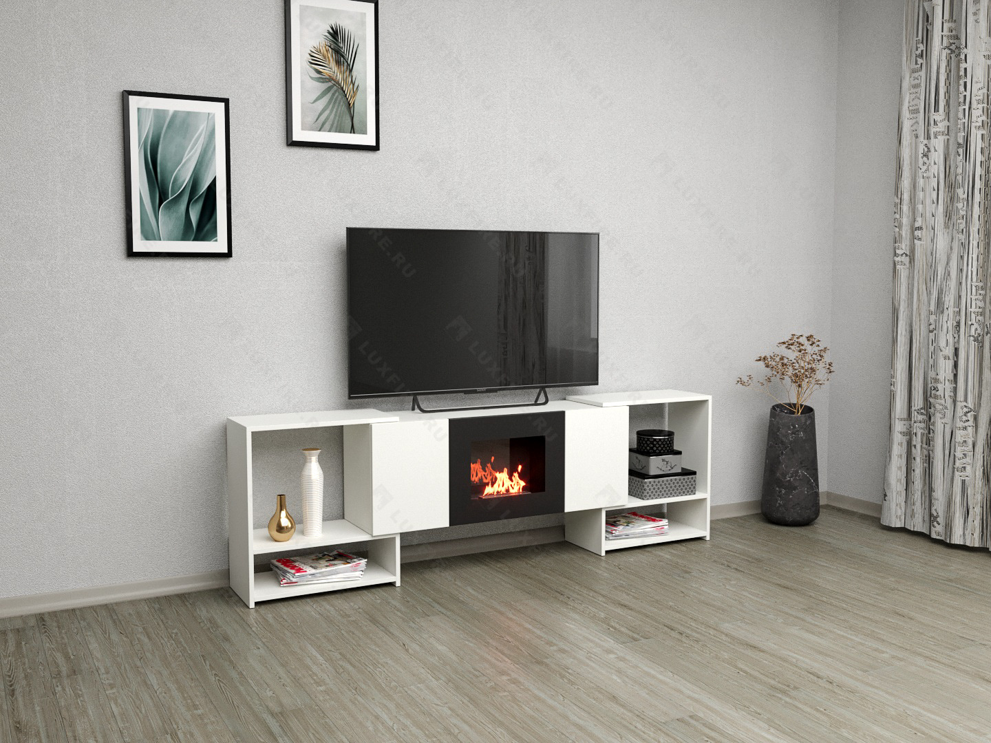 Тумба ТВ Lux Fire "Онега" угловая напольная, белая, с биокамином 500 (стемалит)