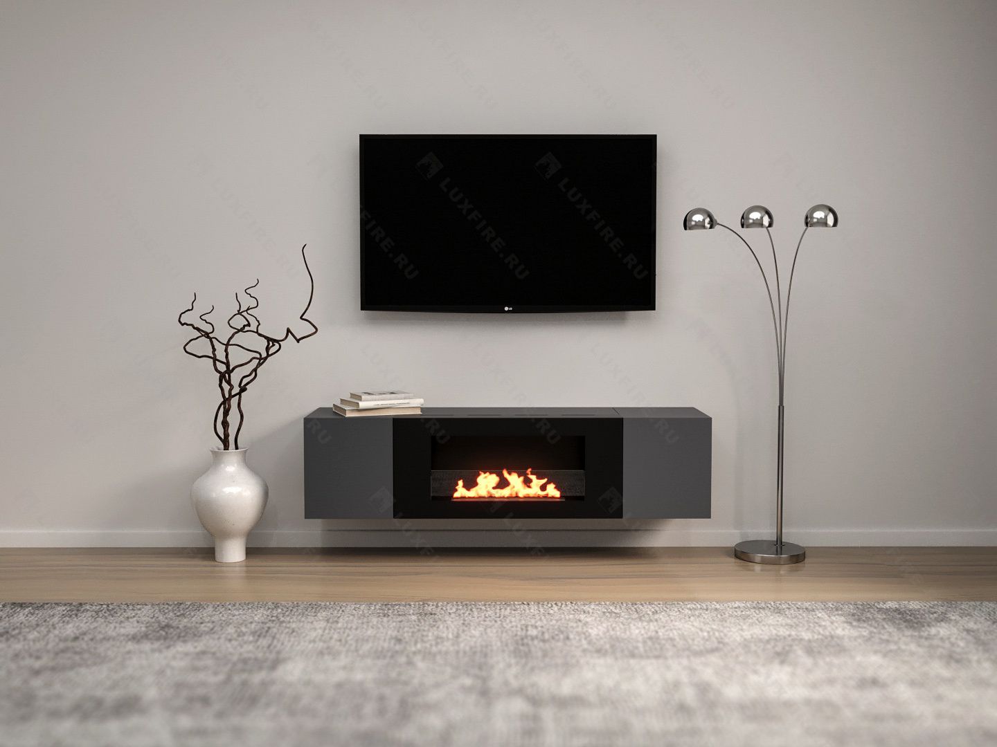 Тумба настенная Lux Fire "Нарва" 1600, графит, с биокамином Сатурн 900