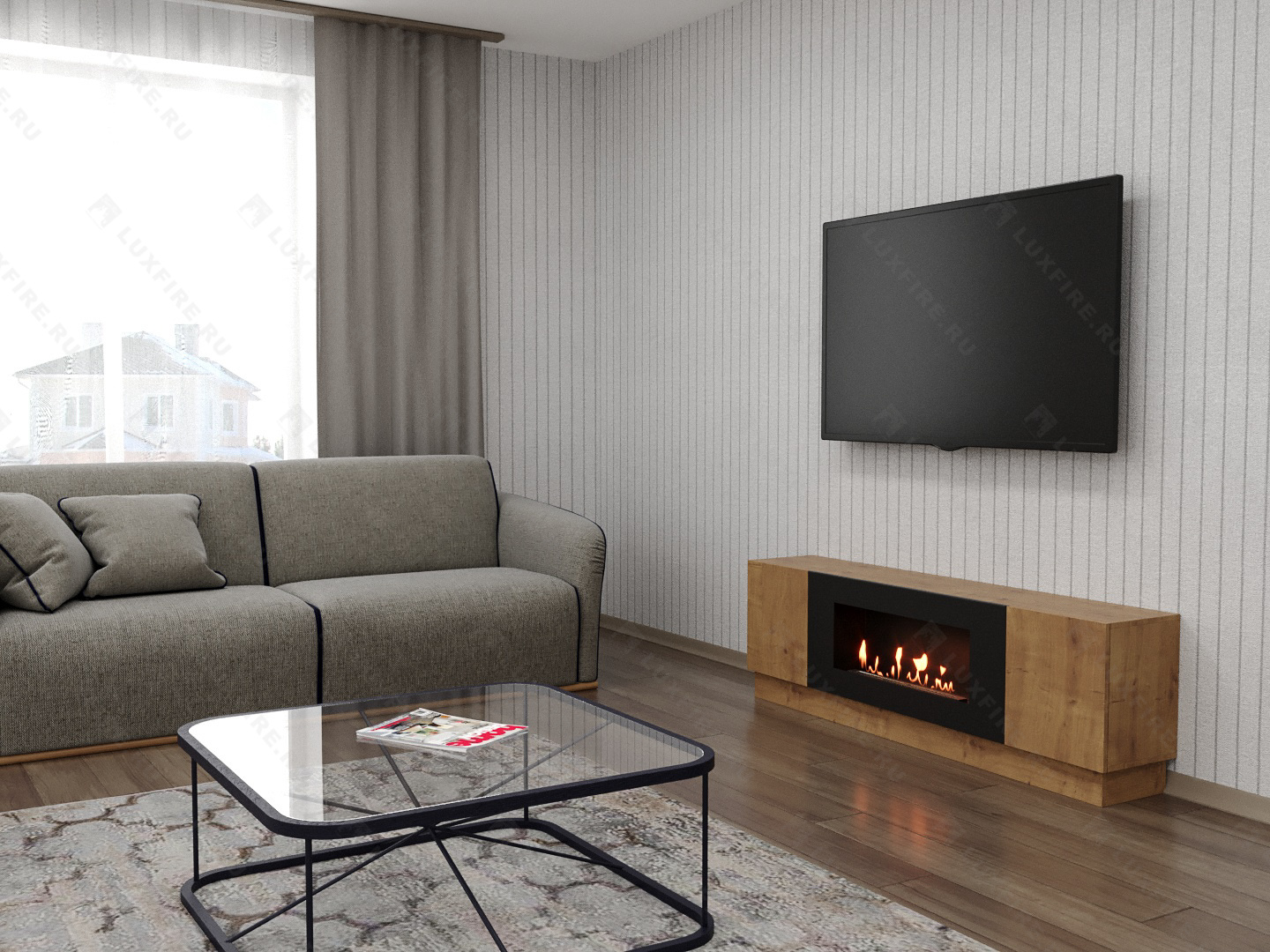 Тумба универсальная Lux Fire "Байкал" 1600, дуб вотан, с биокамином 900