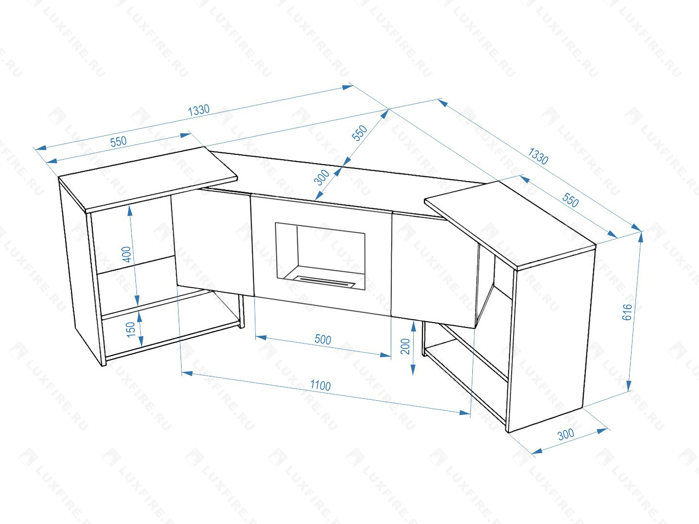 Тумба ТВ Lux Fire "Онега" угловая напольная, белая, с биокамином 500 (стемалит)