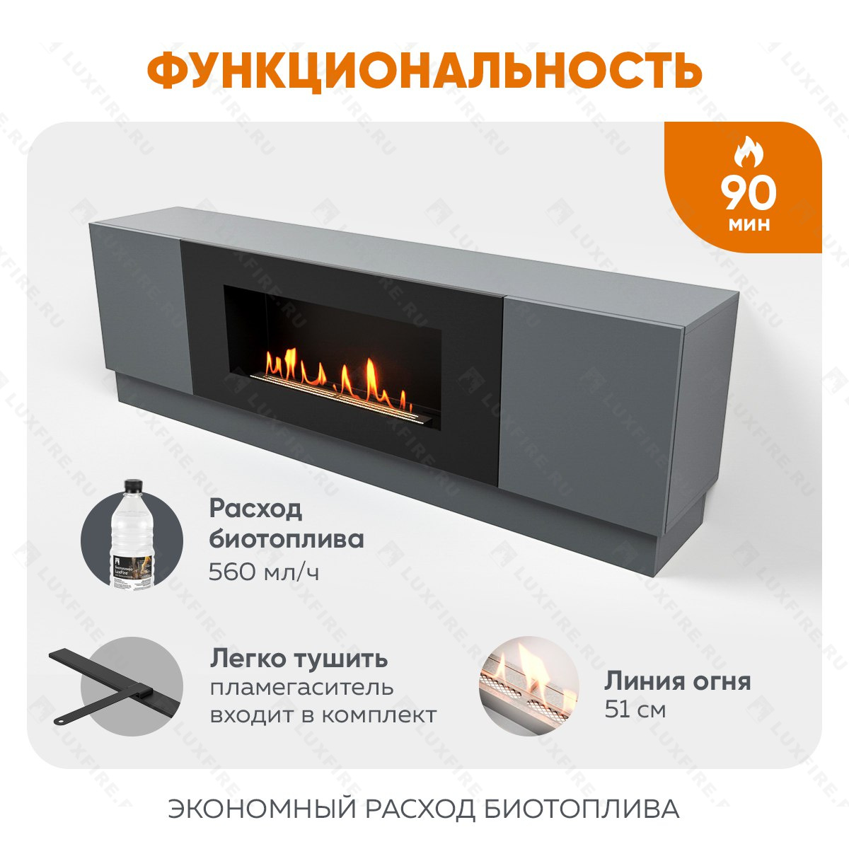 Тумба универсальная Lux Fire "Байкал" 1600, графит, с биокамином 900