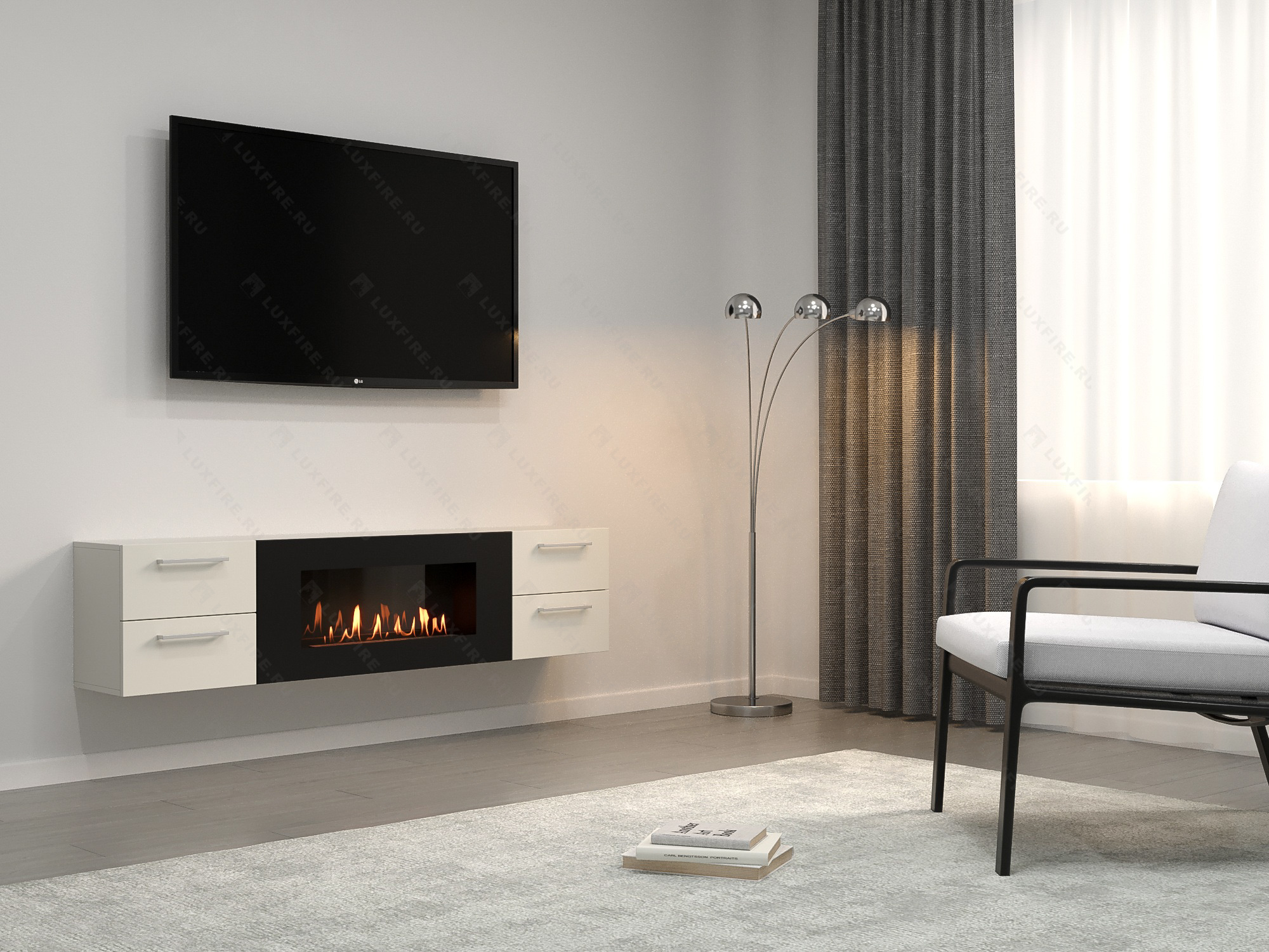 Тумба ТВ Lux Fire "Нева" настенная 1700 матовая, белая с биокамином 900