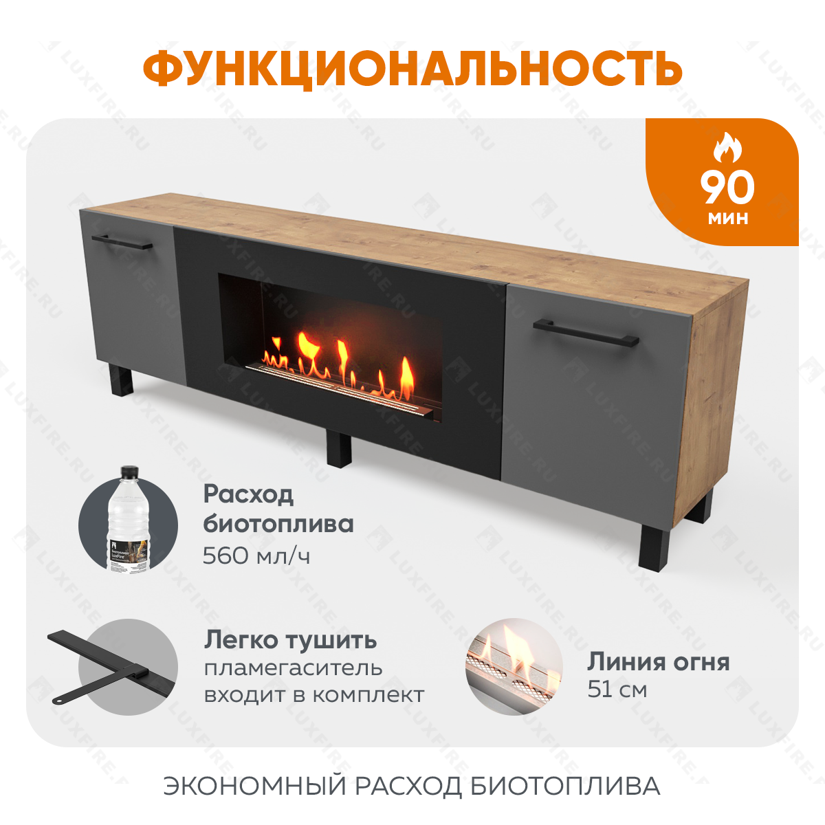 Тумба универсальная Lux Fire "Байкал Р" с ножками 1600, дуб вотан/графит матовый с биокамином 900