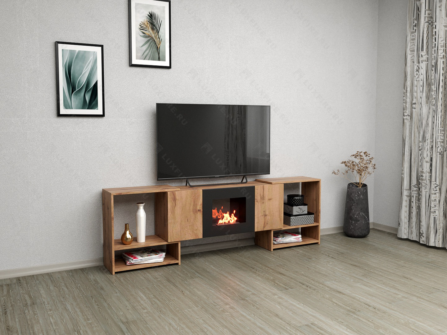 Тумба ТВ Lux Fire "Онега" угловая напольная, дуб вотан, с биокамином 500 (стемалит)