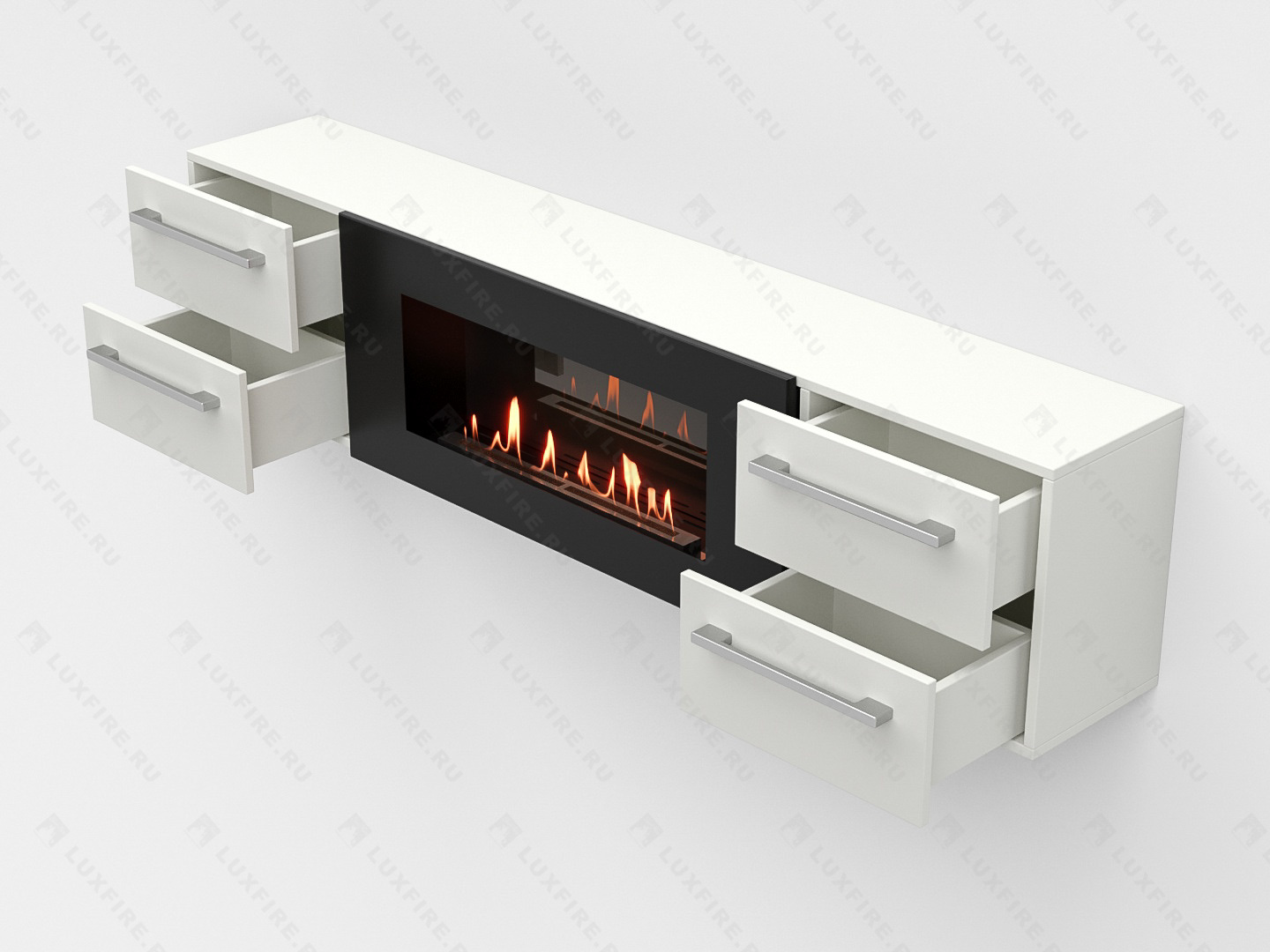 Тумба ТВ Lux Fire "Нева" настенная 1700 матовая, белая с биокамином 900