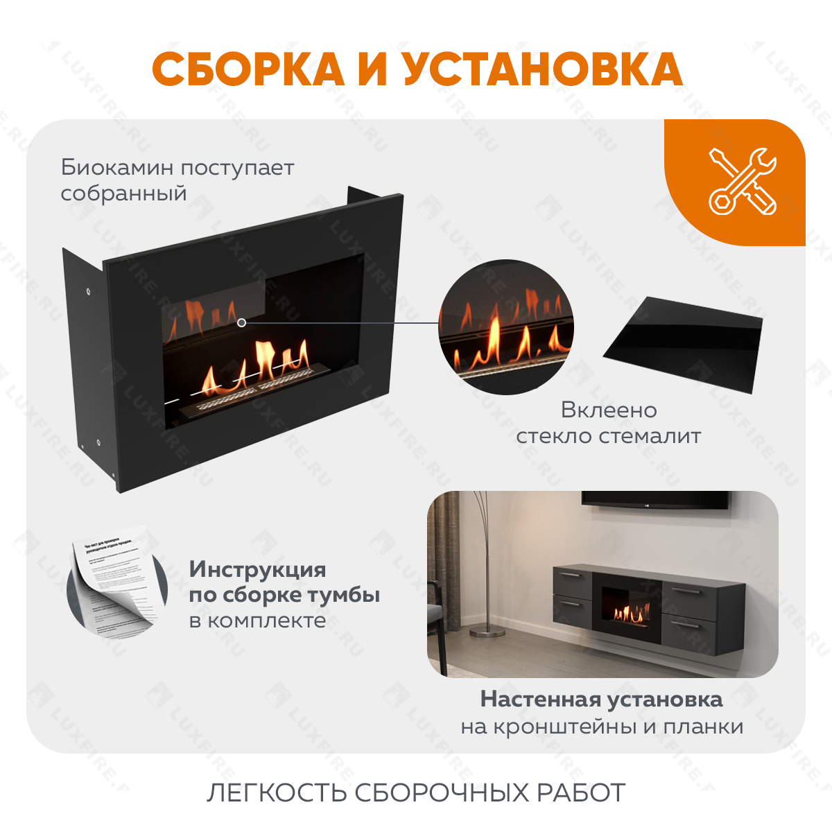 Тумба ТВ Lux Fire "Нева" настенная 1400 матовая, графит,с биокамином 600