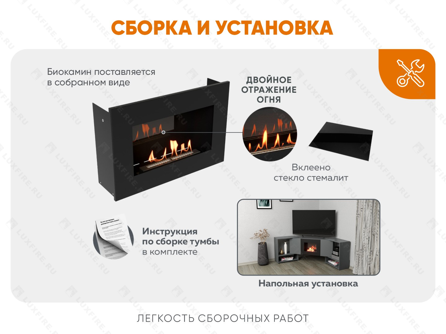 Тумба ТВ Lux Fire "Онега" угловая напольная, графит, с биокамином 500 (стемалит)