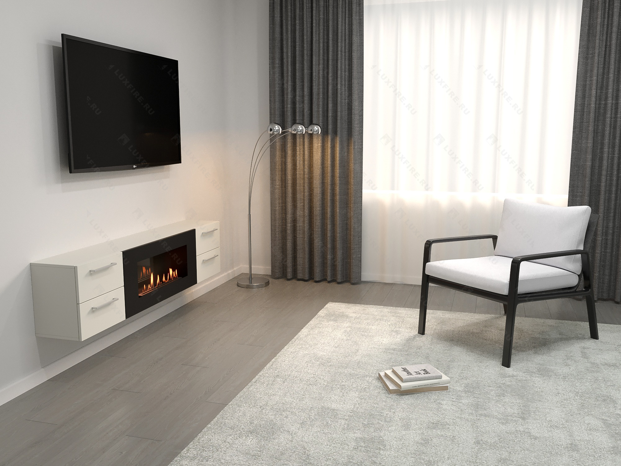 Тумба ТВ Lux Fire "Нева" настенная 1700 матовая, белая с биокамином 900