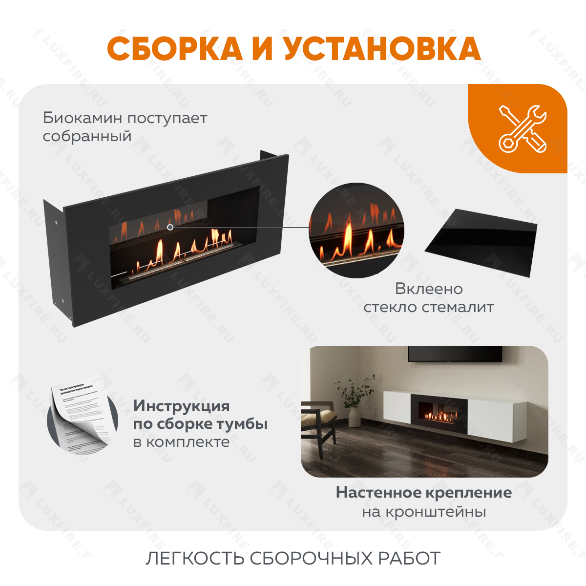 Тумба ТВ Lux Fire "Енисей" настенная 2000 матовая, белая с биокамином 900