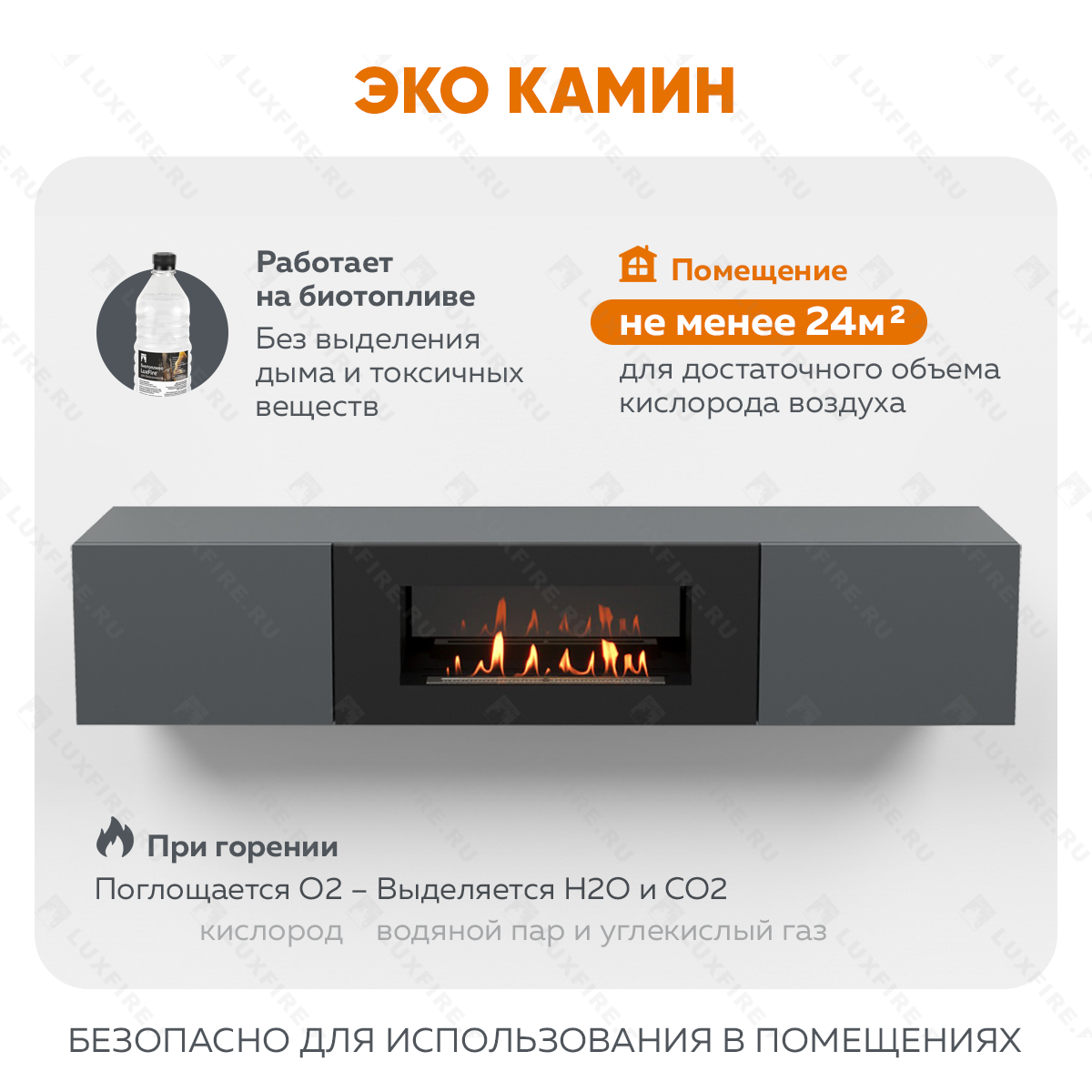 Тумба ТВ Lux Fire "Енисей" настенная 2000 матовая, графит с биокамином 900