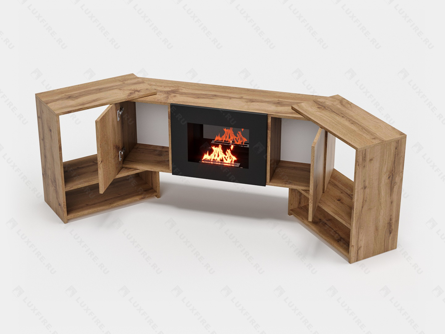 Тумба ТВ Lux Fire "Онега" угловая напольная, дуб вотан, с биокамином 500 (стемалит)
