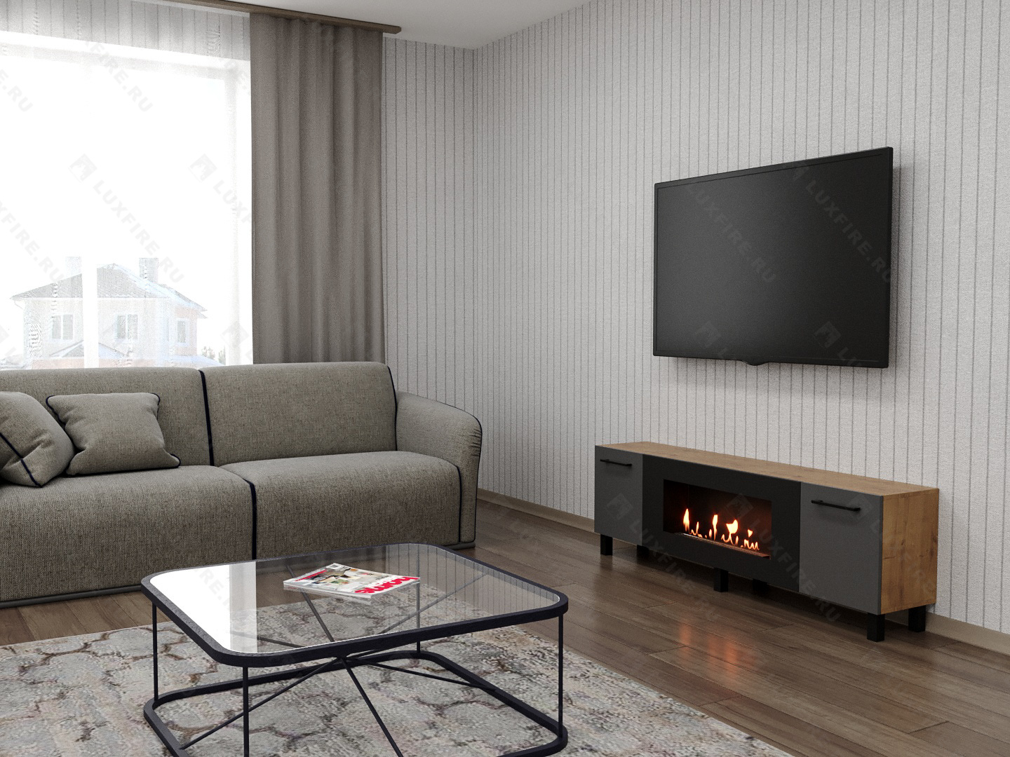 Тумба универсальная Lux Fire "Байкал Р" с ножками 1600, дуб вотан/графит матовый с биокамином 900