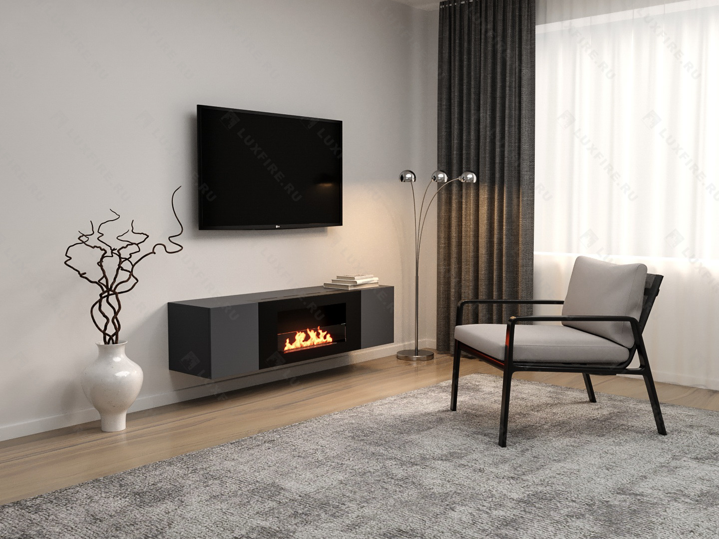 Тумба настенная Lux Fire "Нарва" 1600, графит, с биокамином Сатурн 900