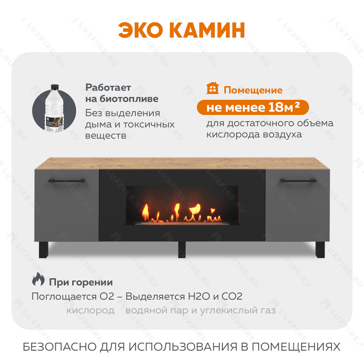 Тумба универсальная Lux Fire "Байкал Р" с ножками 1600, дуб вотан/графит матовый с биокамином 900